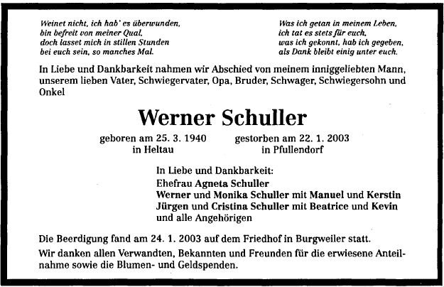 Schuller Werner 1940-2003 Todesanzeige